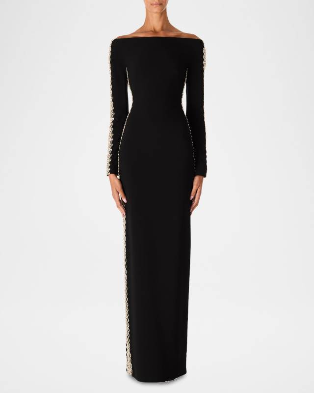 Charisma Crystal Off-The-Shoulder Long-Sleeve Gown